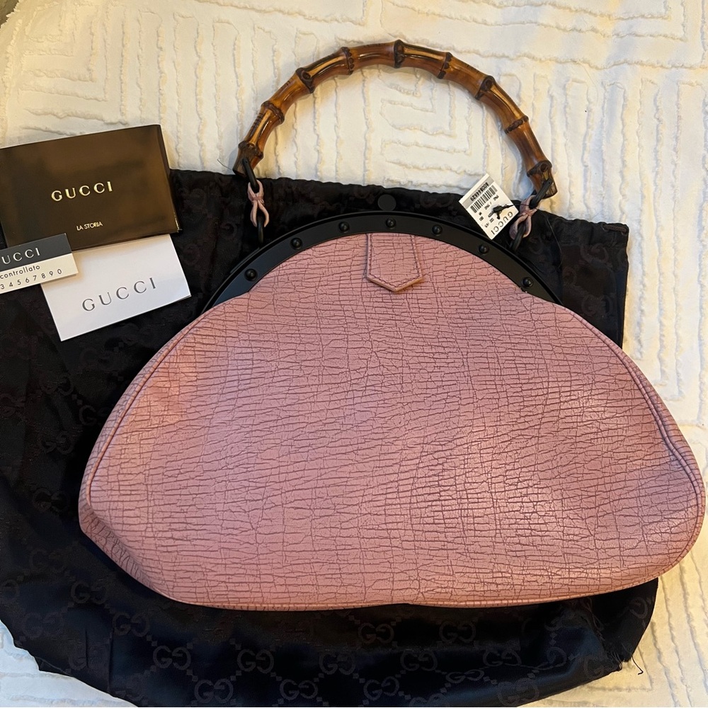 Gucci Bamboo Top Handle Bag Pink Croc-Embossed Leather Style NEW